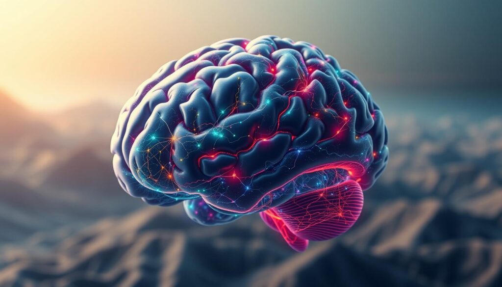 A detailed illustration of the human brain showcasing its remarkable adaptability and neuroplasticity. In the foreground, a cross-section of the brain reveals intricate neural pathways and synaptic connections, pulsing with vibrant colors and dynamic energy. In the middle ground, the brain's outer cortex is depicted as a vast, undulating landscape, with neurons firing and transmitting information across its intricate folds and contours. In the background, a softly-lit, atmospheric backdrop suggests the vast potential and boundless possibilities of the brain's capacity for growth, learning, and transformation. Captured with a cinematic, high-resolution lens, the image exudes a sense of awe and wonder at the incredible power of the human mind.