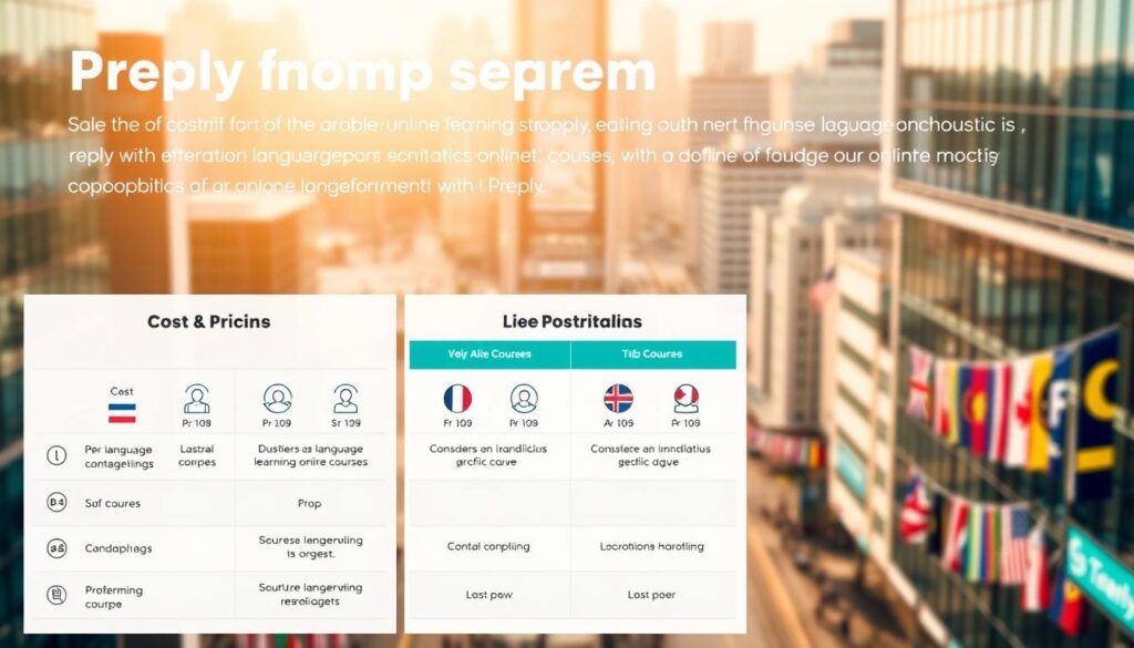 A detailed infographic showcasing the cost and value proposition of online language learning with Preply. In the foreground, a clean grid layout displays the pricing tiers and key features, with eye-catching icons and minimalist typography. The middle ground features a vibrant assortment of language flags, symbolizing the diverse courses available. In the background, a soft-focus cityscape with skyscrapers and bustling streets creates an urban, cosmopolitan atmosphere. Warm, natural lighting casts a welcoming glow over the entire scene, inviting the viewer to explore the educational opportunities. The overall composition conveys a sense of accessibility, affordability, and the transformative potential of online language instruction.