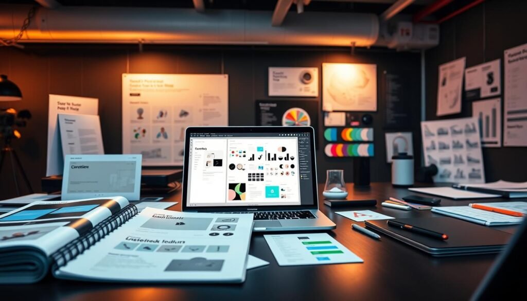 A detailed, modern workspace showcasing the key design tools of Webflow, a cutting-edge web development platform. In the foreground, sleek digital mockups, stylish interface elements, and intuitive UI kits are prominently displayed. The middle ground features a laptop screen displaying the Webflow visual editor, its clean and responsive interface inviting exploration. In the background, subtle wireframes, color palettes, and typography samples hint at the platform's advanced customization capabilities. Warm, indirect lighting casts a professional, technical atmosphere, complemented by smooth, reflective surfaces that add depth and sophistication to the scene.