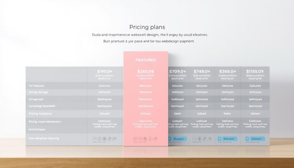 A detailed pricing table showcasing the various subscription plans offered by Duda, a comprehensive website design platform. The table is set against a clean, minimalist background with subtle gradients and soft lighting, emphasizing the clarity and organization of the pricing information. The foreground features well-defined rows and columns, highlighting the plan features, storage, bandwidth, and pricing details in a visually appealing manner. The middle ground includes subtle icons or illustrations that complement the pricing structure, while the background maintains a sense of balance and professionalism, allowing the pricing details to take center stage. The overall mood is one of sophistication, practicality, and thoughtful presentation, reflecting the comprehensive nature of Duda's website design solutions.