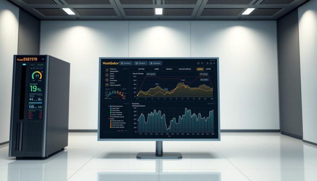 A detailed server dashboard displaying real-time performance metrics for the HostGator web hosting platform. The foreground features an elegant and intuitive user interface, showcasing key indicators such as CPU utilization, memory allocation, network bandwidth, and uptime statistics. The middle ground presents a series of dynamic charts and graphs, visualizing the historical trends and patterns of the server's operational efficiency. The background depicts a sleek, minimalist environment with subtle lighting, creating a sense of professionalism and technical sophistication. Rendered in a photorealistic style, the image conveys the reliability, speed, and responsiveness of HostGator's infrastructure, aligning with the "HostGator's Performance: Speed and Uptime Tests" section of the article.