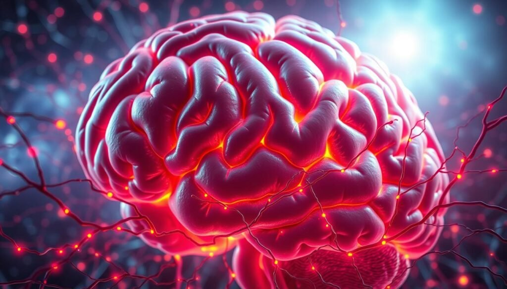 A detailed view of the human brain, meticulously rendered in a photorealistic style. The foreground showcases the intricate networks of neurons and synapses, pulsing with vivid colors that represent the dynamic flow of electrical impulses and chemical signals. The middle ground reveals the distinct lobes and structures of the cerebral cortex, captured in a precise anatomical illustration. In the background, a hazy, ethereal glow emanates, suggesting the elusive and enigmatic nature of consciousness itself. The lighting is soft and diffuse, creating a contemplative, almost spiritual atmosphere. The entire scene is captured with a wide-angle lens, emphasizing the expansive, interconnected nature of the brain's function.