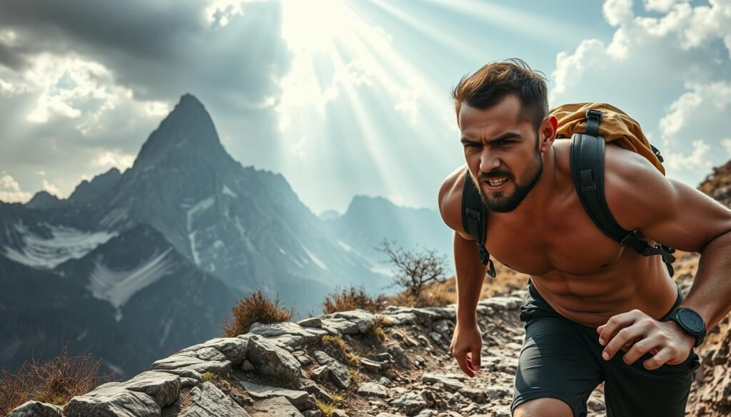 A determined individual, face etched with focus, pushes through a challenging terrain. Towering mountains in the distance, symbolizing the lofty goals ahead. Beams of sunlight pierce through the clouds, illuminating the path forward. The person's muscles strain with each step, their expression unwavering, exhibiting the grit and determination required for success. In the foreground, a weathered, rocky path winds its way, representing the obstacles and hardships that must be overcome. The scene conveys a sense of arduous, but purposeful, progress - a visual metaphor for the unwavering commitment and resilience necessary to achieve one's dreams.