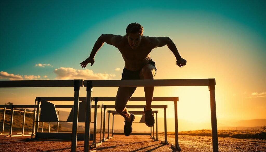 A determined person climbing over hurdles, facing challenges head-on, with a clear vision of their goals. The foreground shows the person's silhouette in a dramatic pose, their muscles straining as they push through the obstacles. The middle ground features a set of abstract hurdles in various shapes and sizes, casting dynamic shadows. The background depicts a vibrant, sun-drenched landscape, symbolizing the sense of achievement and fulfillment that awaits beyond the challenges. The lighting is dramatic, creating sharp contrasts and a sense of urgency. The overall composition conveys a powerful message of resilience, perseverance, and the triumph of the human spirit.