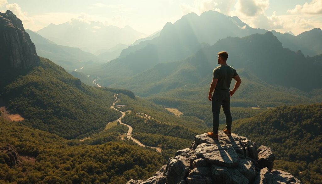 A determined person standing atop a rocky precipice, gazing out over a vast, sun-dappled landscape. In the foreground, the figure appears to be in a contemplative pose, their expression resolute as they survey the challenges ahead. The middle ground features a winding path leading through a lush, verdant valley, symbolizing the journey of transforming obstacles into opportunities. In the background, towering mountains rise, their peaks shrouded in wispy clouds, conveying a sense of grandeur and the potential for growth. The lighting is warm and Golden, casting a hopeful glow over the scene. Cinematic 8K, Unreal Engine, Photorealistic.