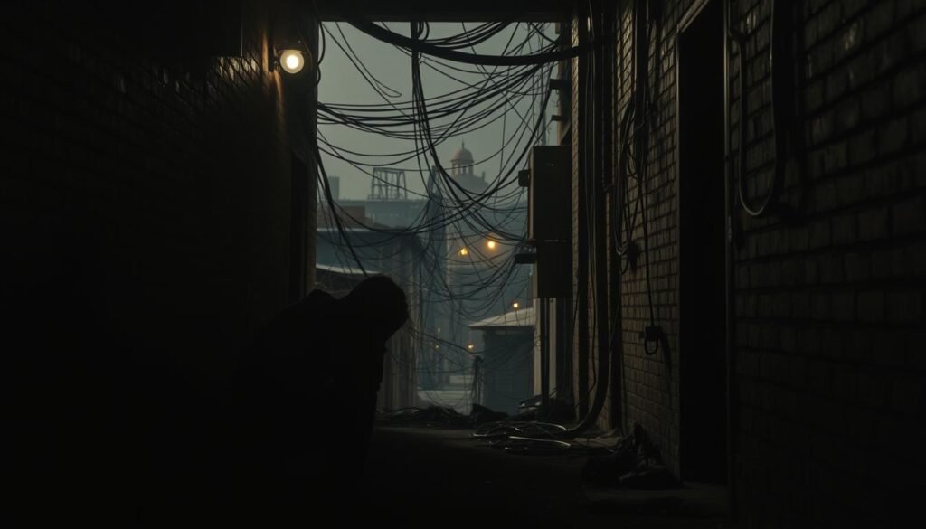 A dimly lit alleyway, with crumbling brick walls and a sense of despair. In the foreground, a person sits hunched over, their head in their hands, overwhelmed by the weight of their financial burdens. Shadows loom large, casting a somber atmosphere. In the middle ground, a maze of tangled wires and pipes, representing the complexity and interconnectedness of the underlying issues. The background is a hazy, urban landscape, dotted with dilapidated buildings and the faint glow of streetlights, conveying a sense of isolation and lack of opportunity. The lighting is moody, with dramatic shadows and a hint of a melancholic color palette, evoking the gravity of the situation. This image aims to capture the root causes of financial limitations, the sense of being trapped and the overwhelming challenges faced by those struggling with a poverty mindset.