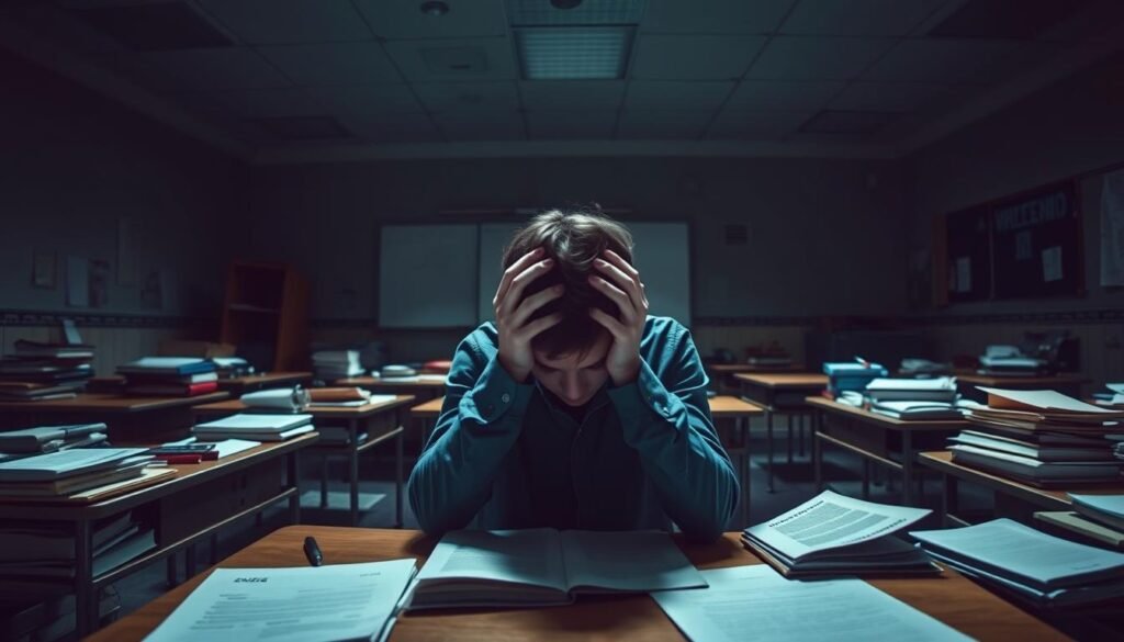A dimly lit classroom, desks scattered haphazardly, books and papers strewn about. A frustrated student, head in hands, surrounded by the challenges of Magoosh test prep - the weight of looming deadlines, the pressure of high-stakes exams, the complexity of unfamiliar concepts. The atmosphere is tense, the lighting harsh, casting dramatic shadows that emphasize the student's isolation and struggle. Through a wide-angle lens, the scene conveys a sense of overwhelming difficulty, the student seemingly overwhelmed by the daunting task at hand. This image captures the "Cons of Using Magoosh for Test Prep" - the intense challenges and obstacles that can arise when relying solely on Magoosh's resources, without the guidance and support of a comprehensive learning plan. A dimly lit classroom, desks scattered haphazardly, books and papers strewn about. A frustrated student, head in hands, surrounded by the challenges of Magoosh test prep - the weight of looming deadlines, the pressure of high-stakes exams, the complexity of unfamiliar concepts. The atmosphere is tense, the lighting harsh, casting dramatic shadows that emphasize the student's isolation and struggle. Through a wide-angle lens, the scene conveys a sense of overwhelming difficulty, the student seemingly overwhelmed by the daunting task at hand. This image captures the "Cons of Using Magoosh for Test Prep" - the intense challenges and obstacles that can arise when relying solely on Magoosh's resources, without the guidance and support of a comprehensive learning plan.