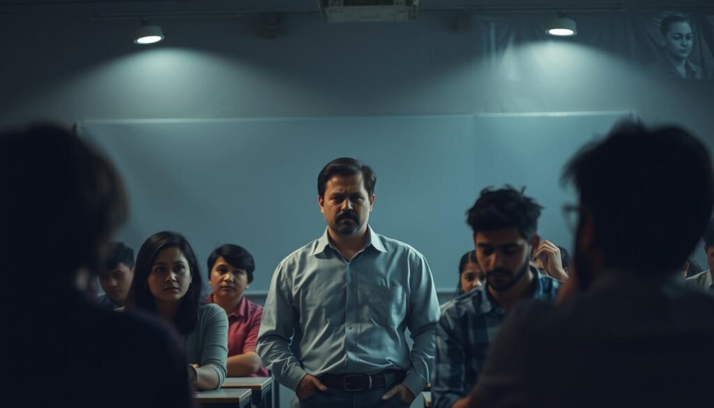 A dimly lit classroom setting, with a frustrated Edureka instructor standing at the front, surrounded by confused and disengaged students. The instructor's expression conveys a sense of exasperation, while the students appear disinterested, their faces obscured by shadow. The background is hazy, with a sense of poor lighting and subpar teaching materials. The overall atmosphere suggests a lack of quality in the instructor's delivery and the students' experience, reflecting the "Cons of Choosing Edureka" as outlined in the article.