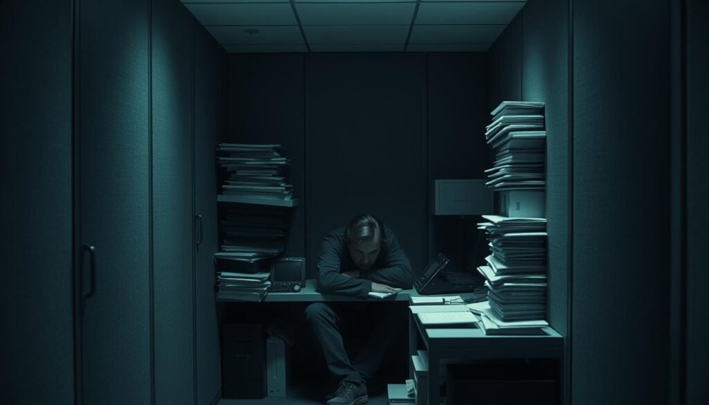 A dimly lit, cramped interior space. A figure sits hunched over, trapped within the confines of a rigid, gray cubicle. Towering stacks of paperwork and outdated technology clutter the desk, symbolizing the limitations of a fixed mindset. The figure's expression is one of dejection and frustration, unable to see beyond the constraints of their environment. Shadows loom ominously, casting an oppressive atmosphere. The scene conveys a sense of stagnation and the inability to embrace growth and new possibilities.