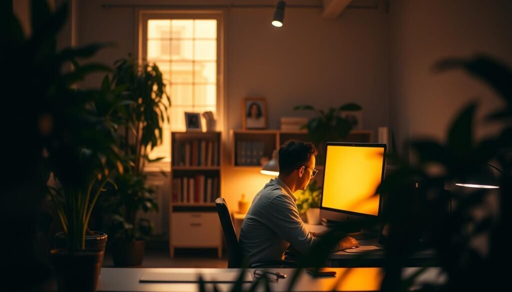 A dimly lit office space at the peak of productivity hours. In the foreground, a focused worker sits at a sleek desk, illuminated by the warm glow of a computer screen. Surrounding them, the room is adorned with lush indoor plants, creating a serene and productive atmosphere. In the middle ground, bookshelves and minimalist decor hint at an organized and efficient workspace. The background is bathed in a soft, golden light, creating a sense of tranquility and concentration. The scene is captured with a shallow depth of field, emphasizing the worker's dedication and the importance of maximizing one's most productive moments.