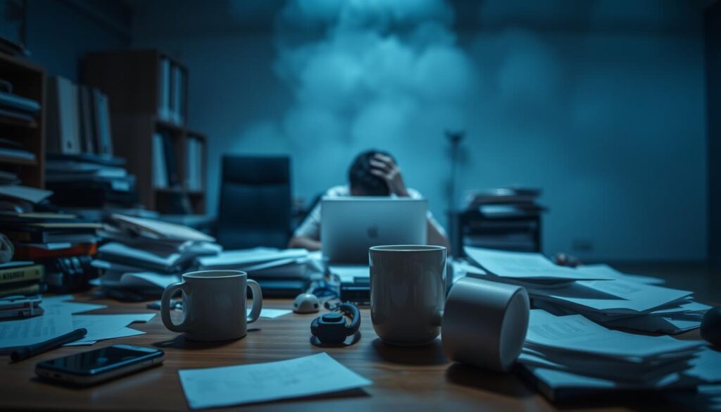 A dimly lit office space, with a cluttered desk in the foreground. On the desk, various distractions lie scattered - a smartphone, a half-empty coffee mug, and a stack of unorganized papers. In the middle ground, a person sits hunched over a laptop, clearly struggling to focus. The background is hazy, with a sense of looming deadlines and unfinished tasks. The overall atmosphere conveys a sense of overwhelm and a lack of productivity, highlighting the common pitfalls that can hinder one's ability to achieve more with less.