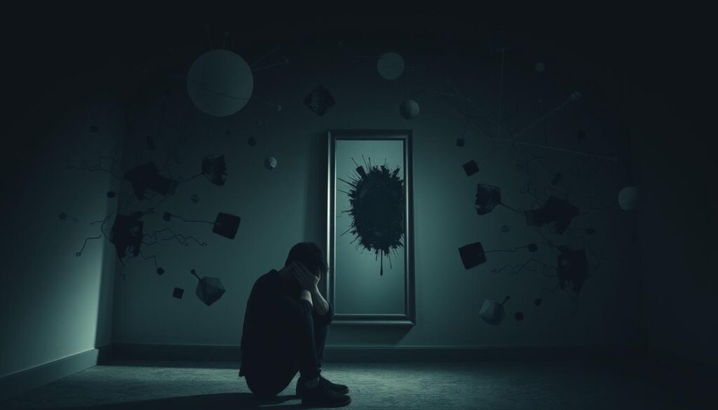 A dimly lit room, shadows casting doubt upon the mind. In the foreground, a person sits hunched, their face obscured by hands, a tangible representation of the inner turmoil of self-doubt. Surrounding them, a swirl of disconnected thoughts and insecurities, manifested as abstract shapes and forms, a visual cacophony of uncertainty. The middle ground holds a mirror, reflecting a distorted, fragmented image, symbolizing the distortion of self-perception. In the background, a sense of isolation, a void of emptiness, amplifying the feeling of being alone in this struggle. Soft, muted tones and a moody, atmospheric lighting create a palpable sense of unease, underscoring the emotional weight of the scene.