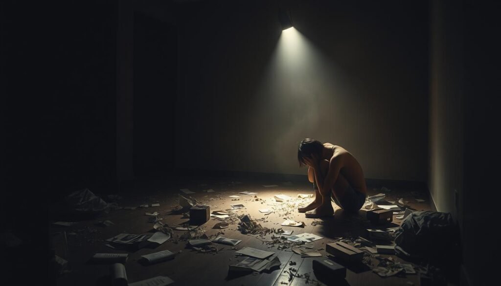 A dimly lit room, shadowy figures cast in a somber light. Crumpled paper, a single spotlight illuminating a dejected figure, head in hands, lost in a spiral of self-doubt and hopelessness. Faded photographs and mementos scatter the floor, reminders of a past life now fragmented. The room is heavy with the weight of unresolved trauma, a sense of resignation and a yearning for escape. Muted colors and a hazy atmosphere convey the anguish of a victim's psyche, trapped in a cycle of victimization. Subtle details evoke the internal struggle, the slow erosion of self-worth that gives rise to the victim mentality.