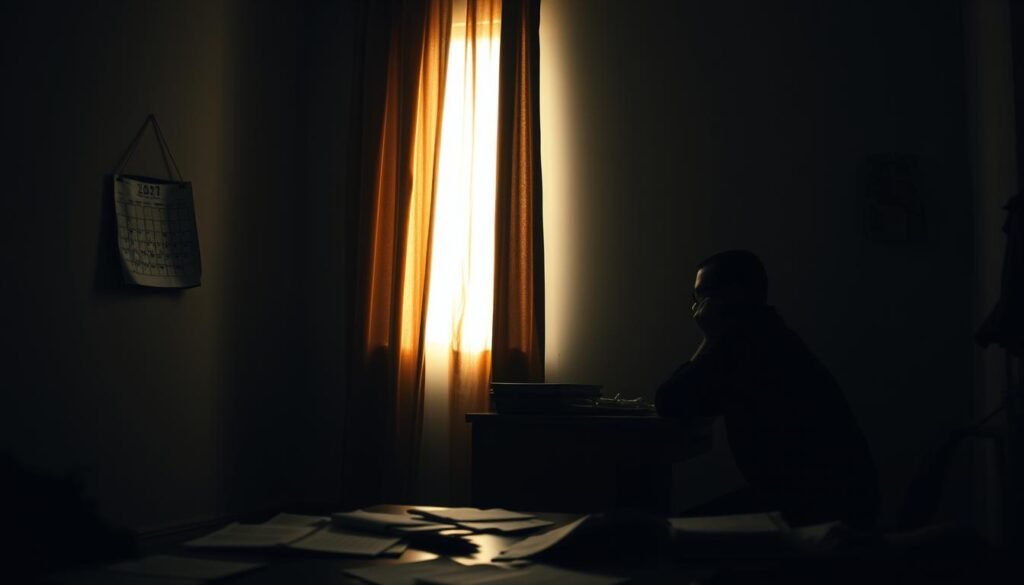 A dimly lit room, with a lone figure sitting at a desk, lost in thought. Shadows cast across their face, hinting at the weight of self-doubt and inner turmoil. The desk is cluttered with papers, a testament to the overwhelming nature of their struggles. In the background, a tattered calendar hangs on the wall, a reminder of the passage of time and the missed opportunities. A single beam of light filters through a partially closed curtain, casting a warm glow on the scene, suggesting the possibility of self-reflection and growth. The overall atmosphere is one of introspection and a search for self-understanding, capturing the essence of "Recognizing Self-Sabotaging Behaviors."