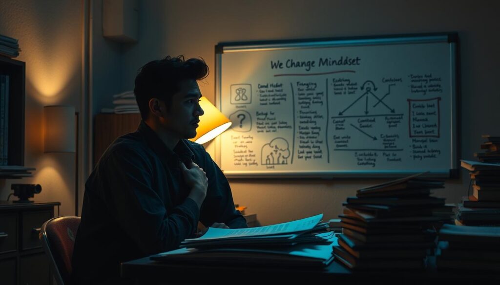 A dimly lit room with a pensive figure sitting at a desk, surrounded by a pile of books and papers. The figure's expression is thoughtful, as if grappling with the challenges of a fixed mindset. In the background, a whiteboard displays a series of diagrams and strategies for changing one's mindset, illuminated by the soft glow of a desk lamp. The scene conveys a sense of introspection and the search for practical solutions to overcome the limitations of a fixed mindset.