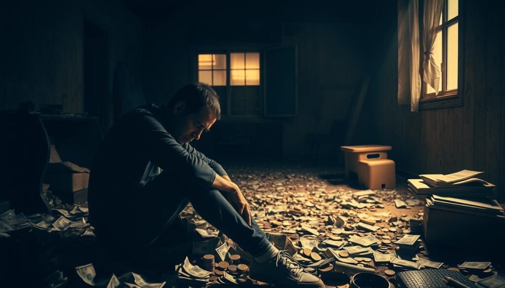 A dimly lit scene depicting the root causes of a scarcity mindset. In the foreground, a person sits hunched over, surrounded by piles of bills, coins, and financial documents, their expression one of anxious desperation. The middle ground reveals a barren, dilapidated room, with sparse furnishings and a sense of neglect. In the background, shadows loom, representing the looming threats of uncertainty, lack of opportunity, and systemic barriers that perpetuate the cycle of financial insecurity. The lighting is warm but muted, casting a haunting glow that underscores the emotional weight of the scene. The overall composition conveys a sense of claustrophobia and the overwhelming burden of a poverty mentality.