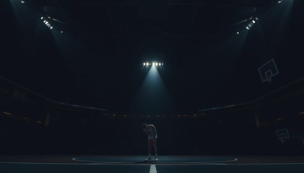 A dimly lit sports arena, the air heavy with tension. In the center, a lone athlete, head bowed, shoulders slumped, grappling with the weight of defeat. The spotlight casts long shadows, symbolizing the inner turmoil and self-doubt that often accompany failure. Yet, in the background, a glimmer of hope emerges - the promise of redemption, of lessons learned, of a champion's mindset forged in the crucible of adversity. The scene is captured with a cinematic, low-angle lens, evoking a sense of drama and introspection. Somber tones and muted hues convey the gravity of the moment, while a soft, warm light hints at the resilience to come.