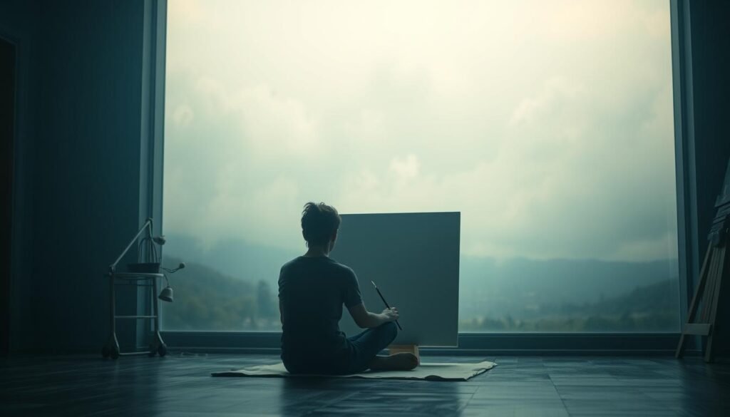 A dimly lit study, the air thick with a sense of quiet contemplation. In the foreground, a person sits cross-legged on the floor, gazing pensively at a blank canvas, a paintbrush resting loosely in their hand. The background is a hazy, dreamlike landscape, where the boundaries between reality and imagination blur. Soft, diffused lighting casts a warm, introspective glow, inviting the viewer to pause and reflect. The scene evokes a sense of stillness and openness, suggesting that in moments of boredom and inaction, the seeds of creativity can take root and blossom.