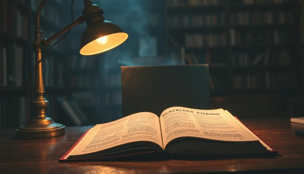 A dimly lit study, the atmosphere shrouded in a pensive, contemplative mood. In the foreground, an open book titled "Black Box Thinking" by Matthew Syed rests on a wooden desk, its pages filled with intricate diagrams and charts. The desk is illuminated by a warm, antique desk lamp, casting a soft, golden glow across the scene. In the middle ground, a large, opaque black box stands, symbolizing the unknown and the challenges of critical thinking. The background is hazy, with bookshelves lining the walls, signifying the wealth of knowledge and resources available to the studious mind. The overall composition evokes a sense of intellectual curiosity and the pursuit of understanding complex systems.