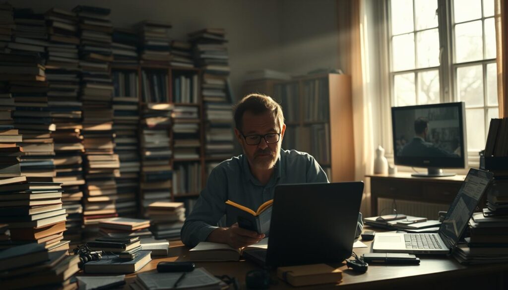 A dimly lit study with towering stacks of books casting long shadows. In the foreground, a weary figure sits at a cluttered desk, surrounded by distractions - a smartphone, an open laptop, and a TV playing in the background. The atmosphere is one of overwhelm and resignation, as the person struggles to find the time and focus to pick up a book and read. Soft, warm lighting filters in through a window, highlighting the contrast between the person's desire to read and the obstacles before them.