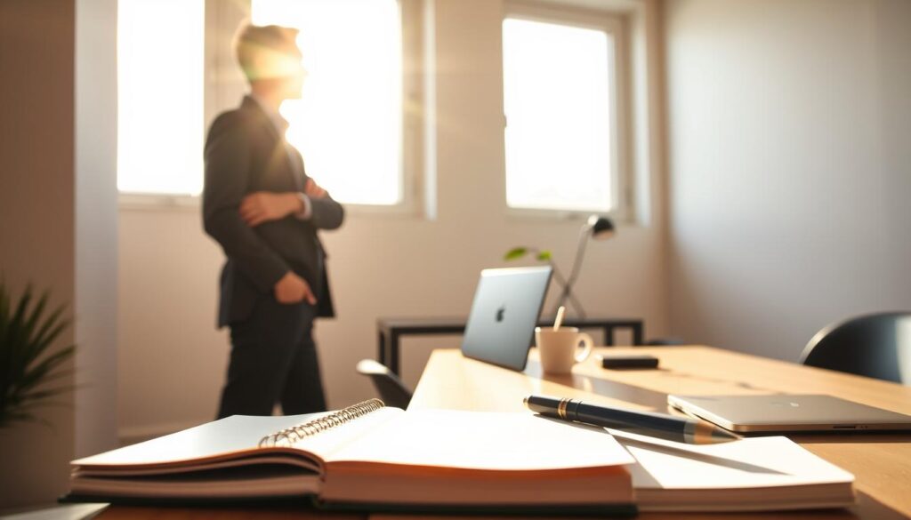 A disciplined person stands tall, determined gaze fixed ahead, surrounded by a serene, minimalist workspace. Sunlight filters through large windows, casting a warm, focused glow. In the foreground, a notebook and pen symbolize the act of planning and recording progress. In the middle ground, a desk with a laptop and a simple, elegant plant represent the tools for productive work. The background features clean, uncluttered walls, conveying a sense of calm and clarity, essential for cultivating self-discipline and achieving long-term success.