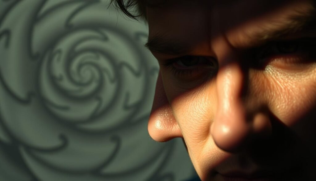 A dramatic close-up view of a person's face, their expression conveying deep contemplation. The lighting is soft and directional, casting shadows that accentuate the planes of the face. In the background, a swirling abstract pattern of muted colors and shapes, hinting at the complex cognitive processes underlying decision-making. The overall atmosphere is one of introspection and the unseen forces that guide our choices. The image suggests the themes of "Predictably Irrational" and the hidden biases that influence our behavior.