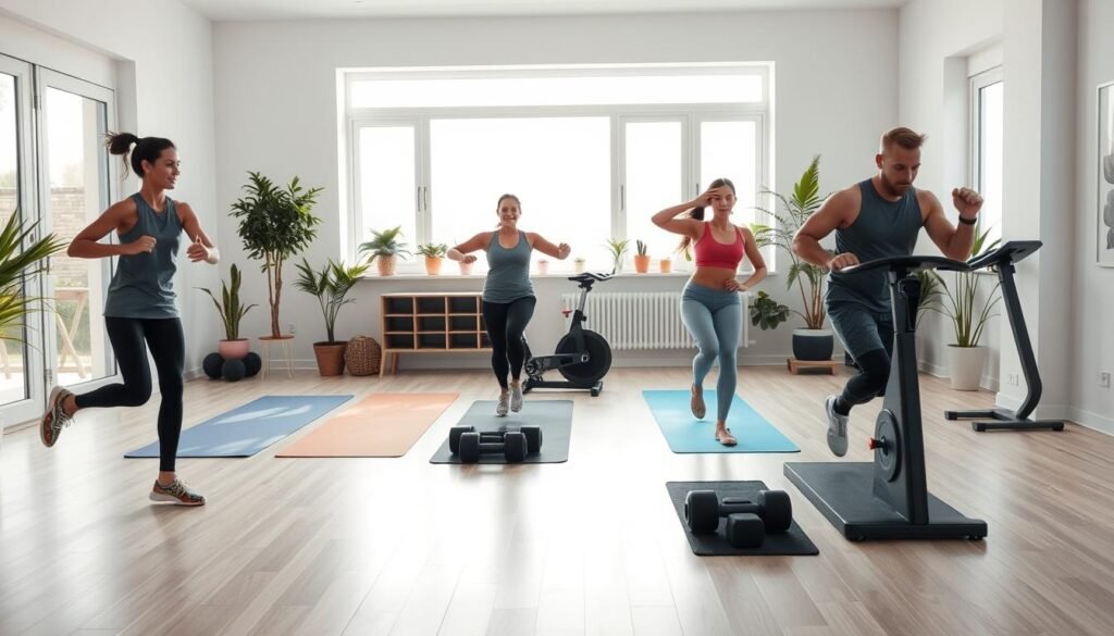 A dynamic and well-balanced physical activity routine set in a bright, airy home gym. In the foreground, a person performing a sequence of energetic exercises - jogging in place, doing jumping jacks, and stretching. The middle ground showcases various fitness equipment like yoga mats, dumbbells, and a stationary bike. The background features large windows allowing natural light to flood the space, with potted plants and minimalist decor creating a serene, motivating atmosphere. The overall scene conveys a sense of focused, intentional movement towards improved health and wellness.