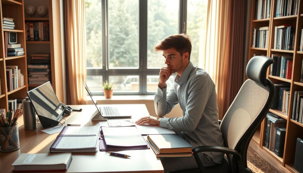 A focused and organized student's workspace, bathed in warm, natural lighting from a large window. On the desk, a planner with neatly arranged schedules, study materials, and a laptop. Bookshelves line the walls, filled with textbooks and reference guides. The student, dressed in casual yet professional attire, sits in an ergonomic chair, deep in thought as they plan their day. The room exudes a serene, productive atmosphere, encouraging maximum efficiency and self-motivation.
