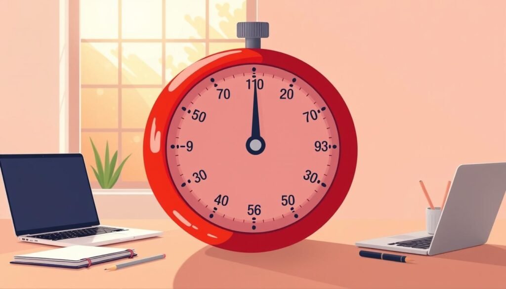 A focused, minimalist illustration of the Pomodoro time management technique. A large, round tomato-shaped timer takes center stage, its vibrant red hue and classic design evoking the iconic Pomodoro method. The timer is rendered with meticulous attention to detail, capturing the intricate inner workings and sleek mechanical aesthetic. Surrounding the timer, a serene, modern workspace is depicted, with a laptop, notebook, and other minimalist office supplies arranged neatly. Warm, natural lighting filters through a large window, creating a calming atmosphere conducive to focused productivity. The composition is balanced and uncluttered, allowing the Pomodoro timer to be the clear focal point and visual metaphor for effective time management.