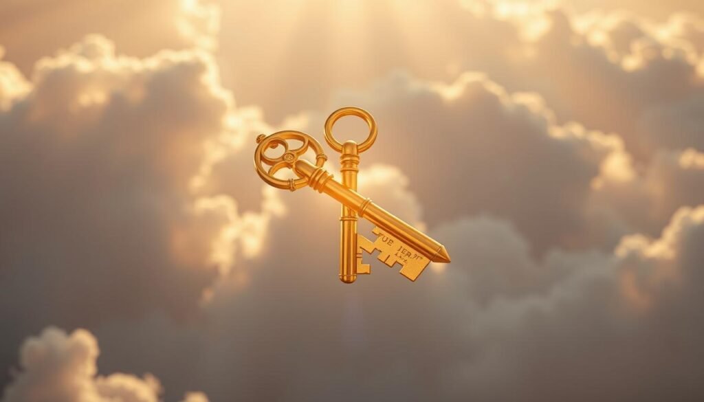 A golden key, intricate and gleaming, suspended against a backdrop of billowing clouds and sunlight. The key's teeth are sharp and defined, symbolizing the rigor and focus required for success. The key floats weightlessly, conveying the effortless mastery that comes with self-discipline. The lighting is warm and radiant, illuminating the key's surface and casting a soft glow on the ethereal clouds. The composition is centered, drawing the viewer's attention to the key as the central focal point. The overall scene exudes a sense of aspirational achievement, where self-discipline is the conduit to unlocking one's true potential.