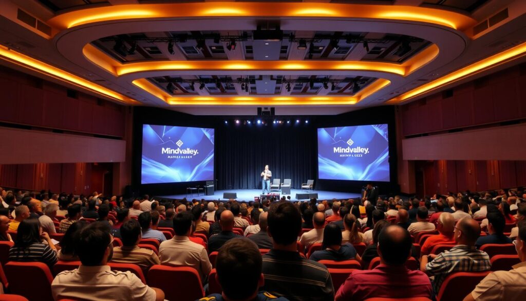 A grand, well-lit auditorium with tiered seating, the stage adorned with Mindvalley's sleek, modern branding. In the foreground, an array of attendees seated comfortably, their attentive expressions reflecting the engaging speaker on stage. The middle ground features the speaker, captivating the audience with their passionate delivery. The background showcases a sophisticated lighting setup, casting a warm, inviting glow over the entire scene. The atmosphere exudes a sense of energy, inspiration, and personal growth, perfectly encapsulating the essence of Mindvalley's premium events.