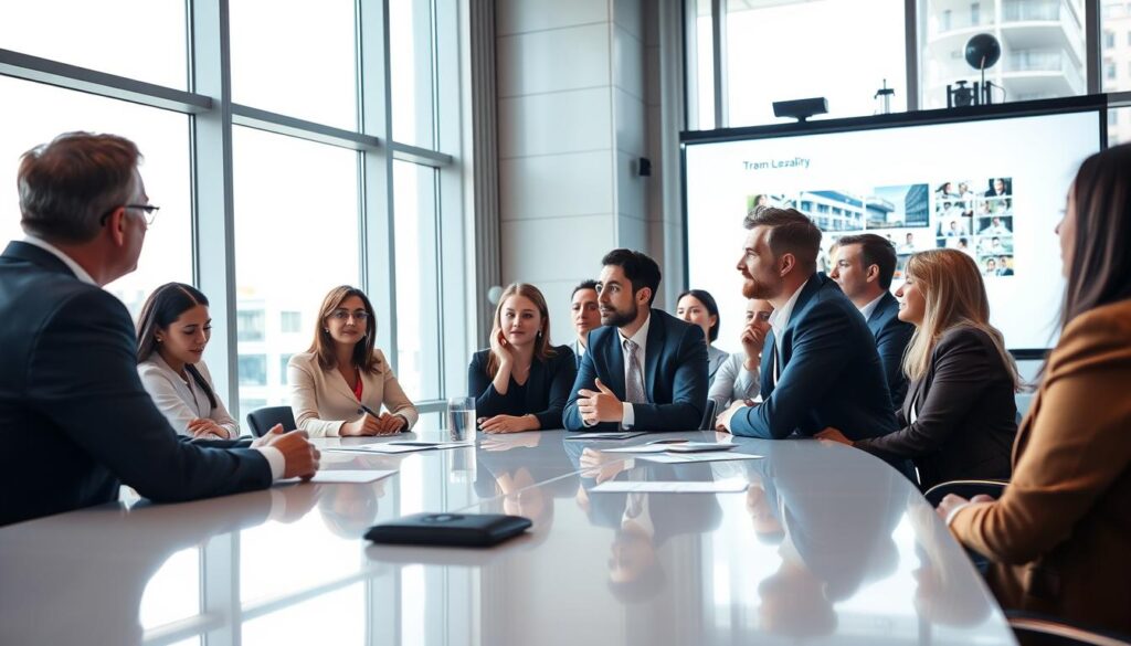 A group of business executives gathered in a modern conference room, engaged in a dynamic practical training session. The room is well-lit, with large windows allowing natural light to flood the space. The executives, dressed in professional attire, are seated around a sleek, polished table, leaning forward intently as they listen to a speaker presenting on a large screen at the front of the room. The atmosphere is one of focused collaboration and intellectual engagement, capturing the essence of effective leadership development within a corporate setting.