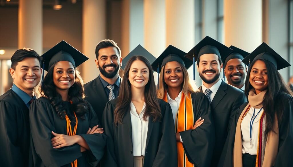A group of diverse, confident graduates in formal attire standing together, beaming with pride and accomplishment. Warm, natural lighting illuminates their faces, casting a glow that radiates success and fulfillment. The graduates stand in a stylish, modern setting, perhaps a university campus or an elegant conference hall, the background blurred to keep the focus on their triumphal expressions. The graduates' postures convey a sense of unity, camaraderie, and shared achievement, reflecting the rewarding journeys that have led them to this momentous milestone. A group of diverse, confident graduates in formal attire standing together, beaming with pride and accomplishment. Warm, natural lighting illuminates their faces, casting a glow that radiates success and fulfillment. The graduates stand in a stylish, modern setting, perhaps a university campus or an elegant conference hall, the background blurred to keep the focus on their triumphal expressions. The graduates' postures convey a sense of unity, camaraderie, and shared achievement, reflecting the rewarding journeys that have led them to this momentous milestone.