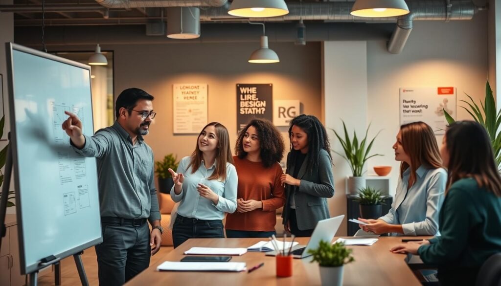A group of diverse professionals collaborating in a well-lit, modern office space. Warm lighting illuminates the scene, casting a sense of productivity and teamwork. In the foreground, colleagues discuss plans on a digital whiteboard, gesturing animatedly. In the middle ground, colleagues gather around a conference table, exchanging ideas and taking notes. In the background, the office is adorned with motivational posters and plants, creating a welcoming atmosphere conducive to open communication and creative problem-solving. The overall mood is one of focused, harmonious teamwork, reflecting the strategic efforts to enhance interpersonal connections and build a cohesive, high-performing team.