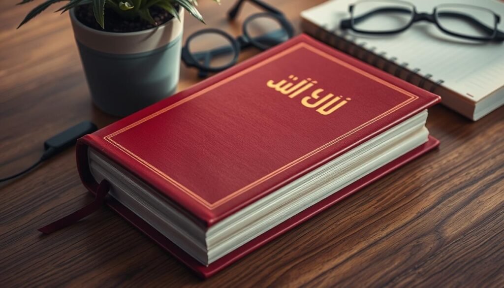 A hardcover book titled "قوة العادة" rests on a wooden table, its deep red cover catching the warm, soft lighting. The pages are slightly worn, hinting at the wisdom within. The book's spine is emblazoned with the Arabic title in a bold, elegant font. Surrounding the book are subtle elements that evoke the concepts of habit and personal growth - a potted plant, a pair of reading glasses, and a few neatly stacked notebooks. The entire scene is captured from a slightly elevated angle, creating a sense of thoughtful contemplation.