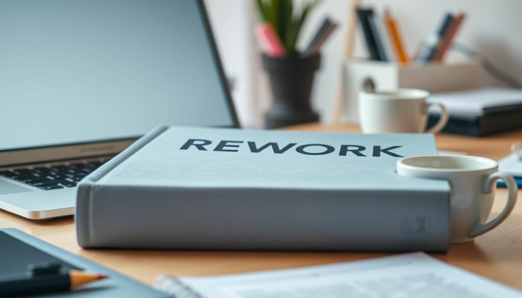 A hardcover book with a bold, minimalist design in shades of blue and gray. The cover features the title "REWORK" in a clean, modern typeface, conveying a sense of simplicity and efficiency. The book is set against a backdrop of a neatly organized workspace, with a laptop, a cup of coffee, and a few office supplies visible in the foreground. The lighting is soft and natural, casting a warm glow on the scene. The overall atmosphere is one of focus, productivity, and a sense of thoughtful, deliberate work.