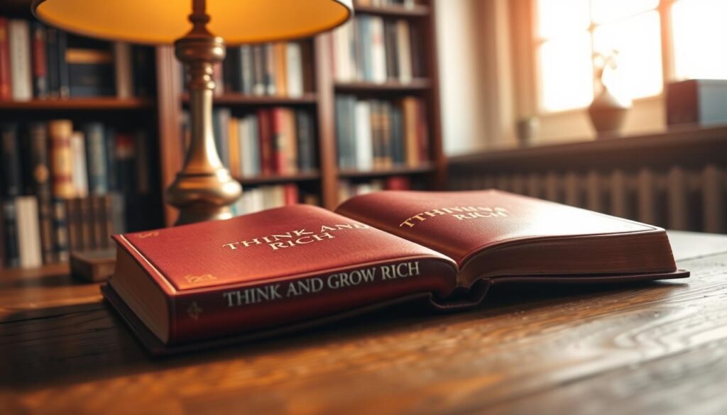 A hardcover book with a burgundy leather cover, foil-stamped title "THINK AND GROW RICH" by Napoleon Hill. The book lies open on a wooden table, casting a warm glow from a table lamp in the foreground. In the background, a window lets in soft natural light, illuminating a bookshelf filled with other classic self-help titles. The overall mood is one of quiet contemplation, inviting the viewer to delve into the timeless wisdom within the pages.