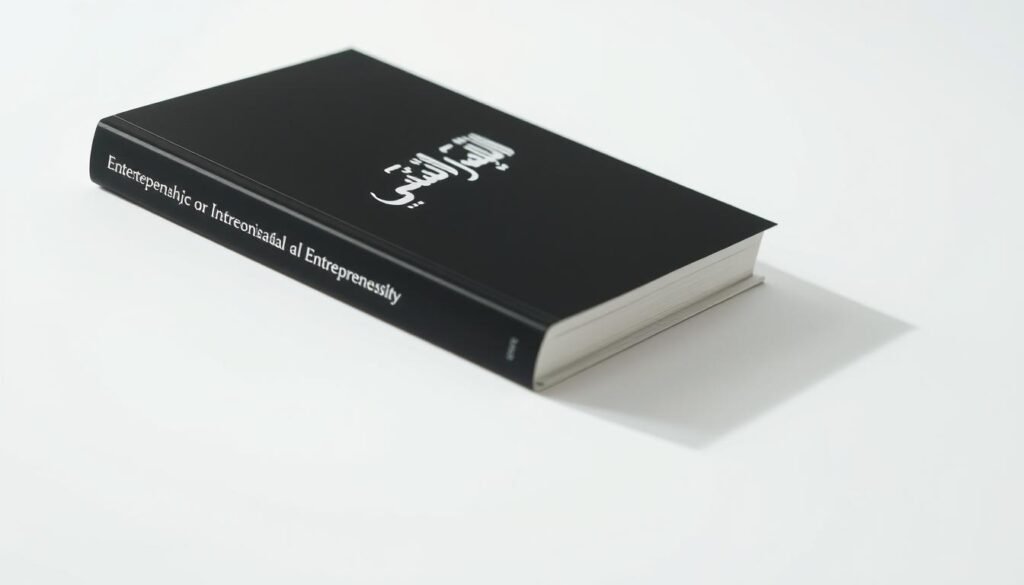 A hardcover book with a minimalist black and white cover design, resting on a clean, well-lit surface. The book's title, "من صفر إلى واحد", is prominently featured in an elegant Arabic calligraphic script. The book is placed at a slight angle, casting a soft, natural shadow on the surface below. The background is a clean, bright, diffused light, creating a sense of focus and simplicity. The overall composition radiates a sense of professionalism, sophistication, and inspiration, reflecting the subject matter of the book on entrepreneurship.