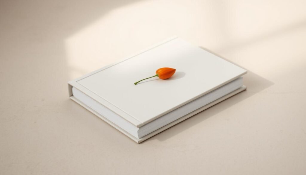 A hardcover book with a minimalist cover design featuring a single, vibrant object against a neutral background. The lighting is soft and diffused, creating a warm, contemplative atmosphere. The book appears to be resting on a simple wooden or concrete surface, with a clean, uncluttered composition. The focus is on the elegance and simplicity of the book's design, inviting the viewer to consider the power of focusing on the essential. The overall mood is one of serenity, clarity, and the potential for transformation through a singular, intentional practice.