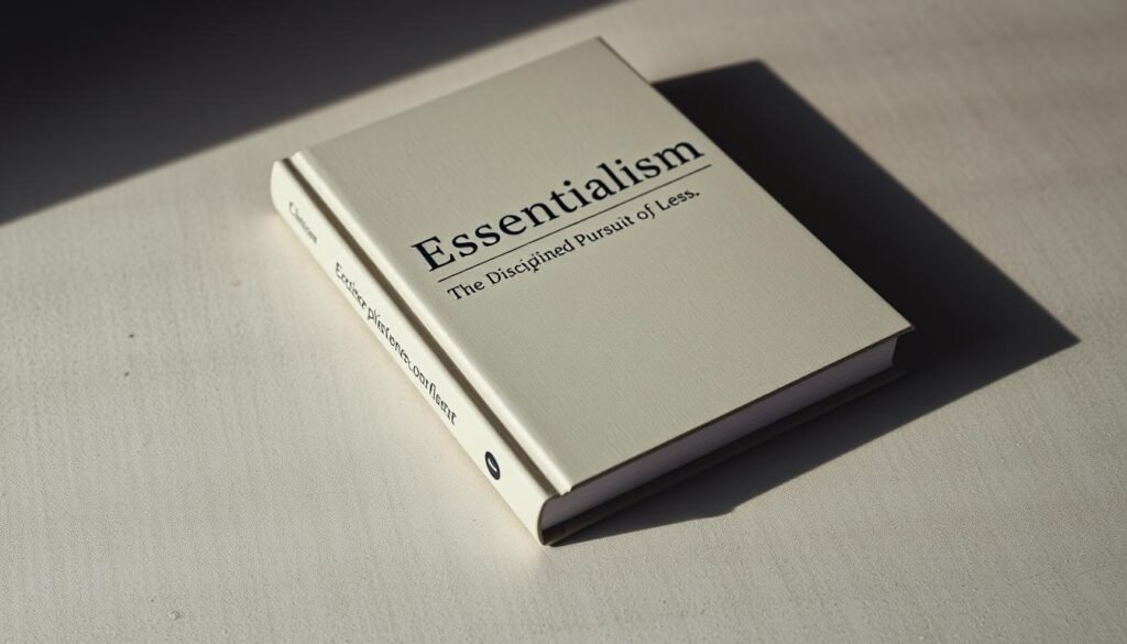 A hardcover book with a minimalist, muted-tone cover design, resting on a simple wooden or concrete surface. The book's title, "Essentialism: The Disciplined Pursuit of Less," is prominently displayed in a clean, modern typeface. The book's cover conveys a sense of focus, restraint, and thoughtfulness. The lighting is soft and directional, casting subtle shadows that add depth and dimension to the composition. The background is uncluttered, allowing the book to take center stage, emphasizing its essence and the core message it represents.