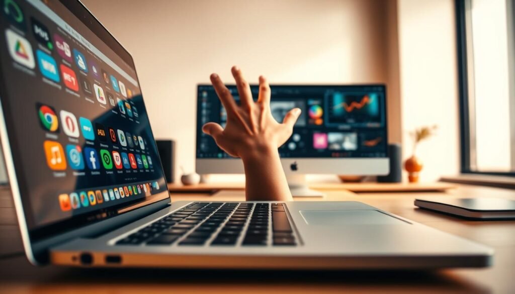 A harmonious integration of digital tools, showcasing a seamless workflow for creative professionals. In the foreground, a sleek laptop displays various software icons, representing the diverse applications at one's fingertips. The middle ground features a hand gracefully navigating between these programs, symbolizing the effortless coordination between them. The background portrays a warm, minimalist workspace, with clean lines and soft lighting, creating an environment conducive to creativity and productivity. The overall composition conveys the power of interconnectivity, where technology and human ingenuity converge to unleash the full potential of the digital creative landscape.