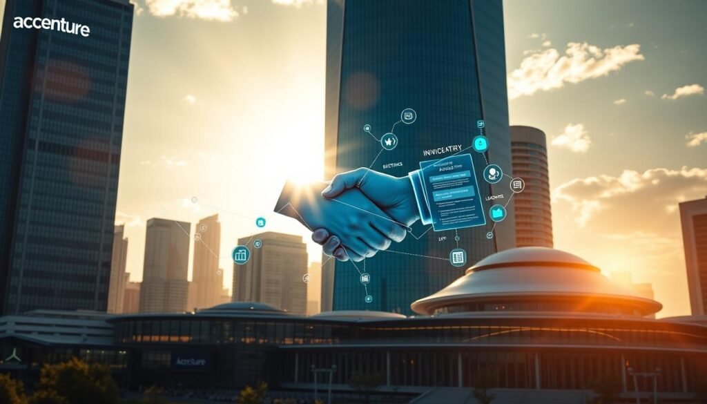 A high-impact visual of the Accenture Udacity acquisition, showcasing the integration of their expertise. A striking corporate skyline in the background, with Accenture's iconic skyscraper and Udacity's sleek learning campus in the foreground. Luminous sunlight casts dynamic shadows, highlighting the collaborative energy between the two organizations. In the center, a dynamic handshake symbolizes the union, framed by futuristic UI elements and data visualizations, conveying the transformative potential of this strategic partnership. The scene radiates a sense of innovation, opportunity, and the shaping of the future of online education.