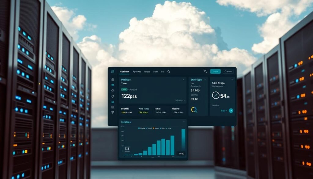 A high-performance WordPress hosting environment with a sleek, modern data center. In the foreground, a powerful server rack with glowing blue indicator lights, conveying reliability and speed. In the middle ground, a clean, minimalist user interface showcasing smooth page load times and uptime metrics. The background features a serene, cloud-filled sky, symbolizing the stability and scalability of the hosting infrastructure. Warm, directional lighting creates depth and emphasizes the advanced technology at work. The overall scene exudes a sense of efficiency, professionalism, and unwavering performance befitting a premium WordPress hosting service.