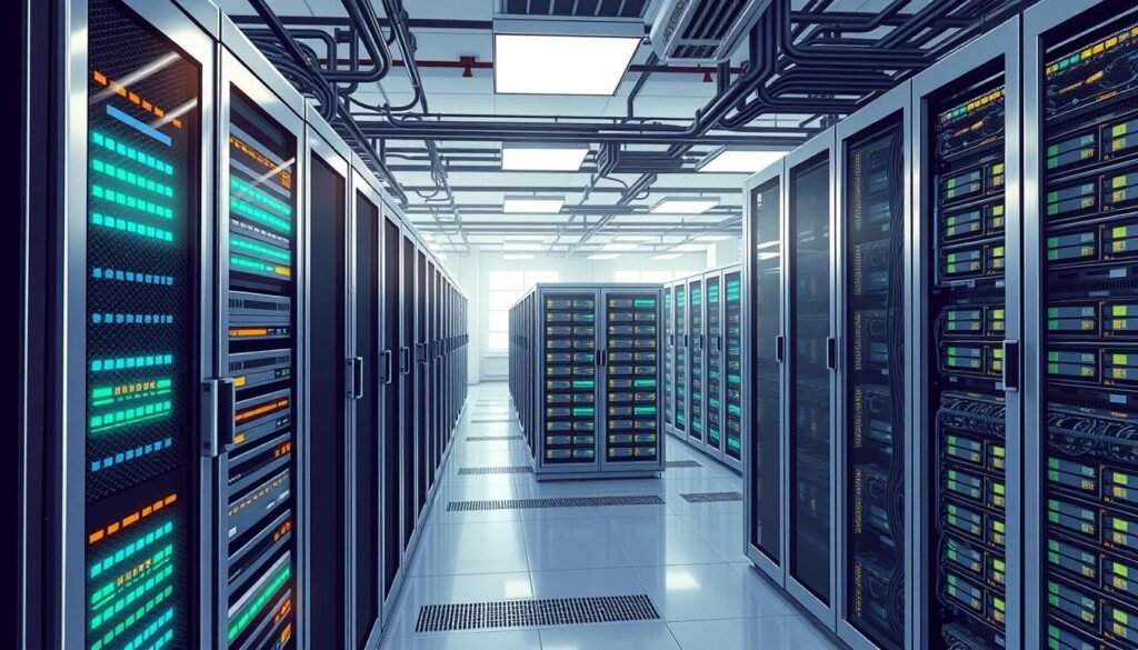 A high-performance web server hosting an array of website files, HostGator's infrastructure is captured in a detailed, technical illustration. In the foreground, a sleek, modern server rack with gleaming metal panels and blinking indicator lights dominates the scene. The middle ground features a network of cables, routers, and cooling systems, conveying the complexity of the hosting environment. In the background, a sprawling data center with rows of server racks and a subtle glow from the overhead lighting creates an atmosphere of efficiency and reliability. The overall scene emanates a sense of power, stability, and state-of-the-art technology befitting HostGator's reputation as a leading web hosting provider.