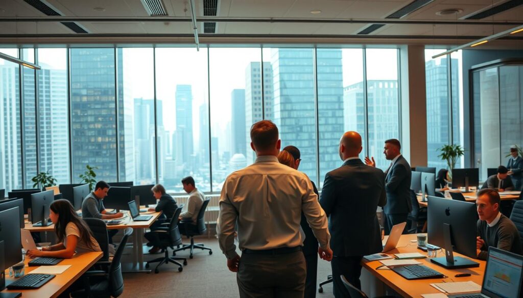 A high-quality panoramic view of a modern business office, with a large, open-plan workspace filled with desks, computers, and office equipment. In the foreground, a group of professionals engaged in a dynamic discussion, gesturing and collaborating. The middle ground features individuals working independently, deep in thought. In the background, a large, floor-to-ceiling window overlooks a bustling cityscape, with skyscrapers and a vibrant, energetic atmosphere. The lighting is warm and natural, creating a sense of productivity and focus. The overall scene conveys a harmonious balance between leadership, management, and the day-to-day operations of a thriving organization.