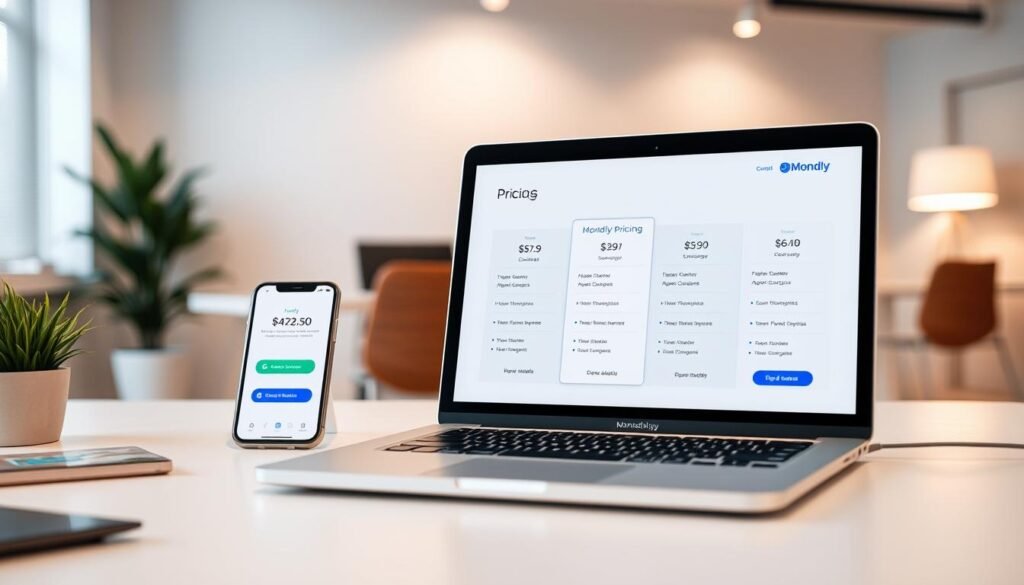 A high-resolution, wide-angle, professionally shot image of Mondly's pricing plans. The camera captures a clean, modern desktop setup with a laptop displaying the Mondly website's pricing page. The foreground features the various pricing tiers and plan details, presented in a clear, visually appealing layout. The middle ground showcases a smartphone displaying the Mondly app, highlighting the mobile experience. The background depicts a minimalist office setting with neutral colors, allowing the pricing information to take center stage. The lighting is soft and balanced, creating a professional, informative atmosphere. The overall composition emphasizes the clarity and accessibility of Mondly's pricing structure.