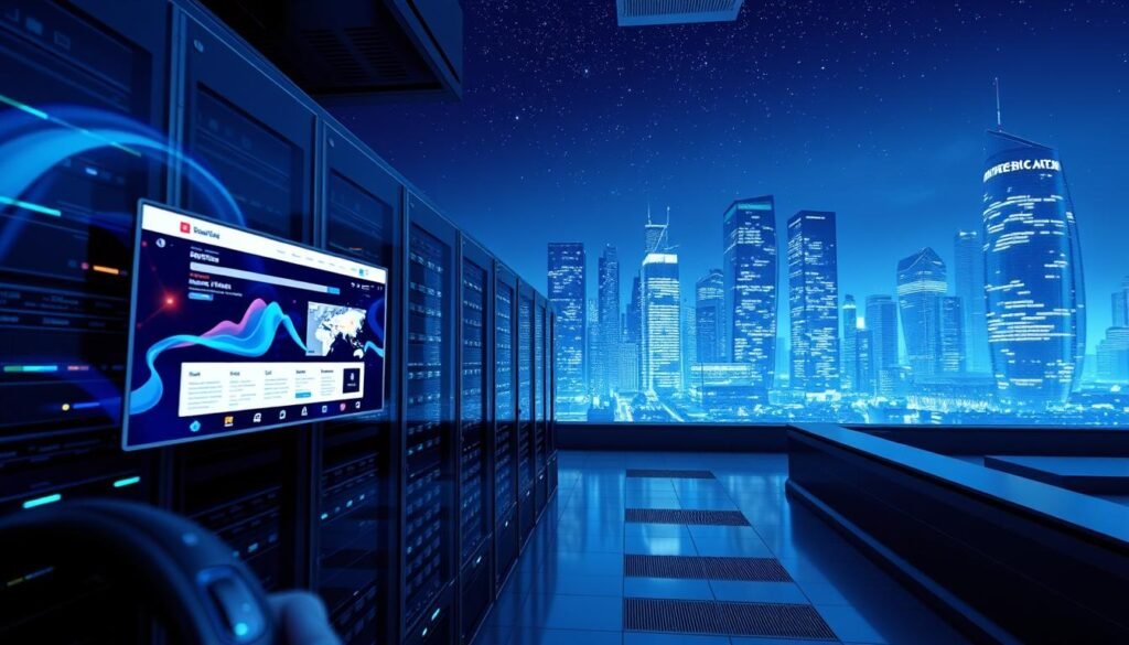A high-speed web server hosting a sleek, modern website interface. The foreground features fluid animations and interactive UI elements, conveying the site's responsiveness and performance. The middle ground showcases server infrastructure - racks of powerful CPUs, GPUs, and networking gear, all bathed in a cool, blue-hued lighting. The background depicts a minimalist cityscape, with towering skyscrapers and a night sky filled with twinkling stars, hinting at the global reach and scalability of the hosting platform. The overall scene exudes a sense of technological sophistication, efficiency, and the ability to handle even the most demanding web applications with ease.