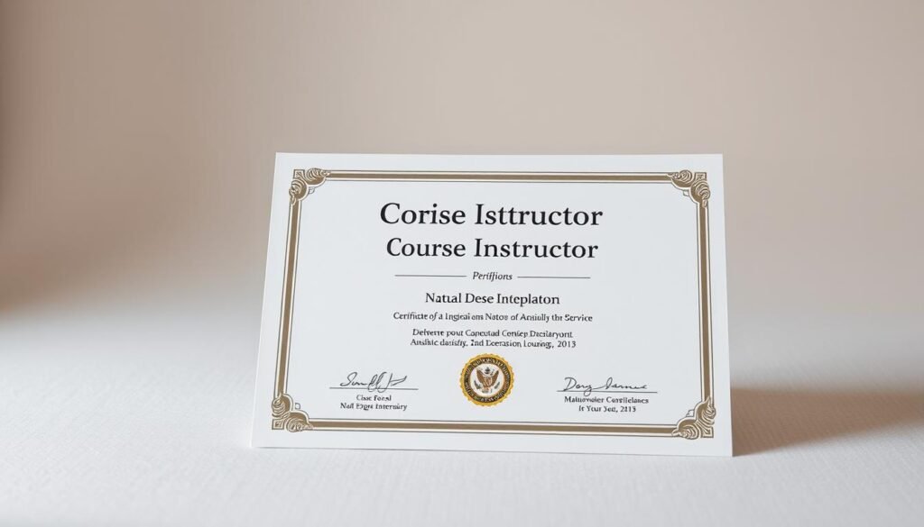 A highly detailed, formally presented certificate showcasing the credentials of a course instructor on a light-colored, textured background. The certificate is centered and fills the middle ground, with a subtle vignette effect creating a soft, focused atmosphere. The certificate displays the instructor's name, qualifications, and area of expertise in a clear, legible font. Subtle highlights and shadows add depth and dimensionality, while the overall composition conveys a sense of professionalism and authority suitable for an online learning platform.