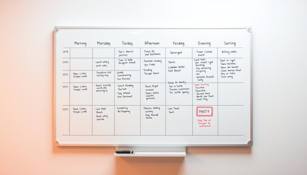 A highly organized and productive daily schedule displayed on a clean, minimalist whiteboard. The schedule is divided into clear sections for morning, afternoon, and evening routines, with distinct icons and color-coding to denote different tasks and activities. The background has a soft, muted gradient that provides a calming and focused atmosphere, emphasizing the importance of structure and planning. Warm, diffused lighting casts a gentle glow over the scene, creating a sense of efficiency and well-being. The overall composition strikes a balance between functionality and aesthetic appeal, reflecting the theme of effective time management strategies.