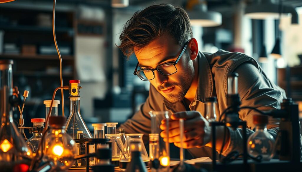 A laboratory setting with an inventor tinkering intently, surrounded by an array of beakers, test tubes, and technological gadgets. Warm, focused lighting illuminates their face as they lean over their latest experiment, a look of intense concentration and curiosity etched upon their features. The background is a blur of activity, hinting at a thriving workspace where ideas are continuously tested and refined. The composition conveys a sense of exploration, innovation, and the sheer joy of uncovering new possibilities.